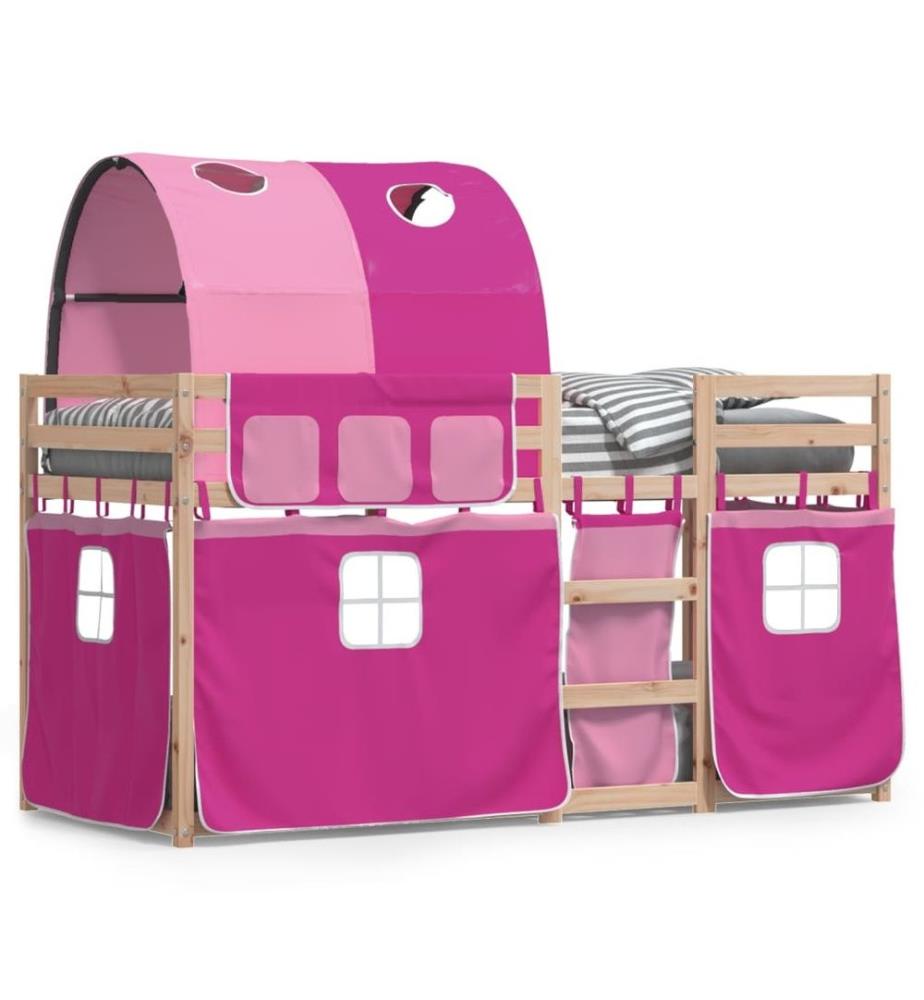 Lit superposé avec rideaux rose 80x200 cm bois pin massif