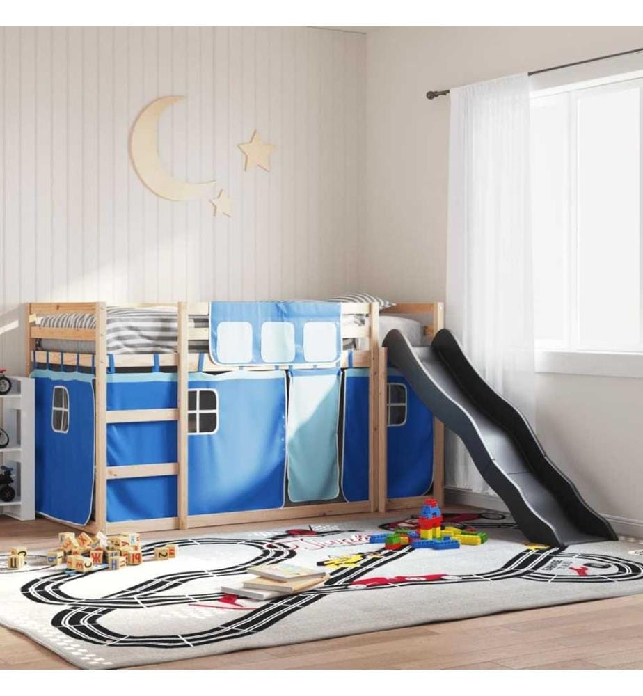 Lit superposé avec toboggan et rideaux bleu 90x190 cm