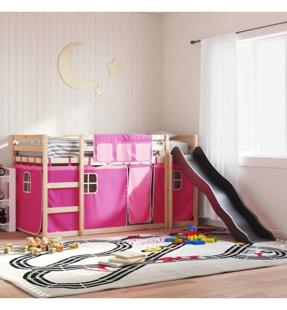 Lit superposé avec toboggan et rideaux rose 90x190 cm