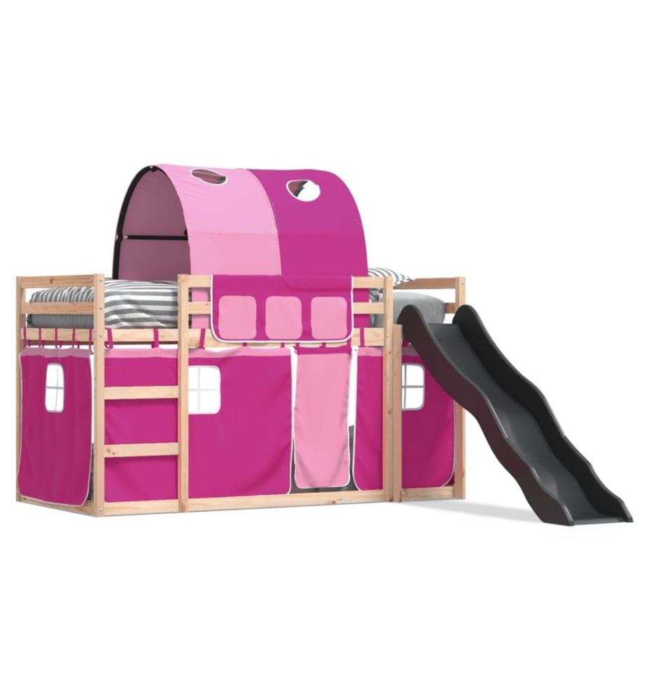 Lit superposé avec toboggan et rideaux rose 90x190 cm