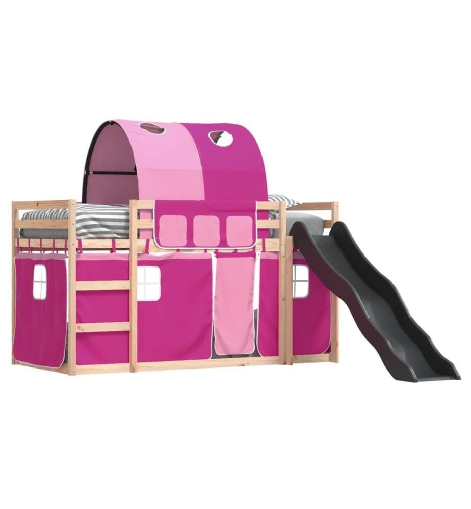 Lit superposé avec toboggan et rideaux rose 90x190 cm