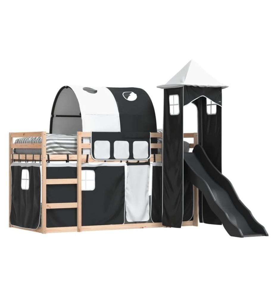 Etagenbett mit Rutsche und Gardinen Weiss und Schwarz 80x200 cm