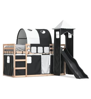 Lit superposé avec toboggan et rideaux blanc et noir 90x190 cm