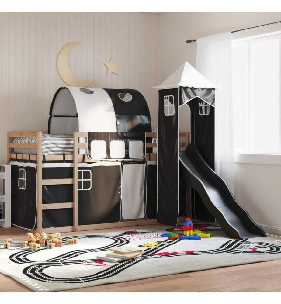 Lit superposé avec toboggan et rideaux blanc et noir 90x190 cm