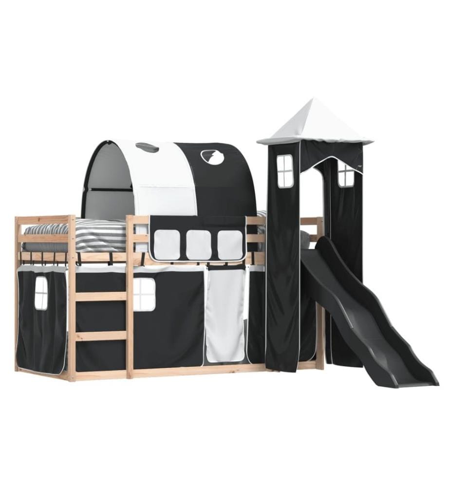 Lit superposé avec toboggan et rideaux blanc et noir 90x190 cm