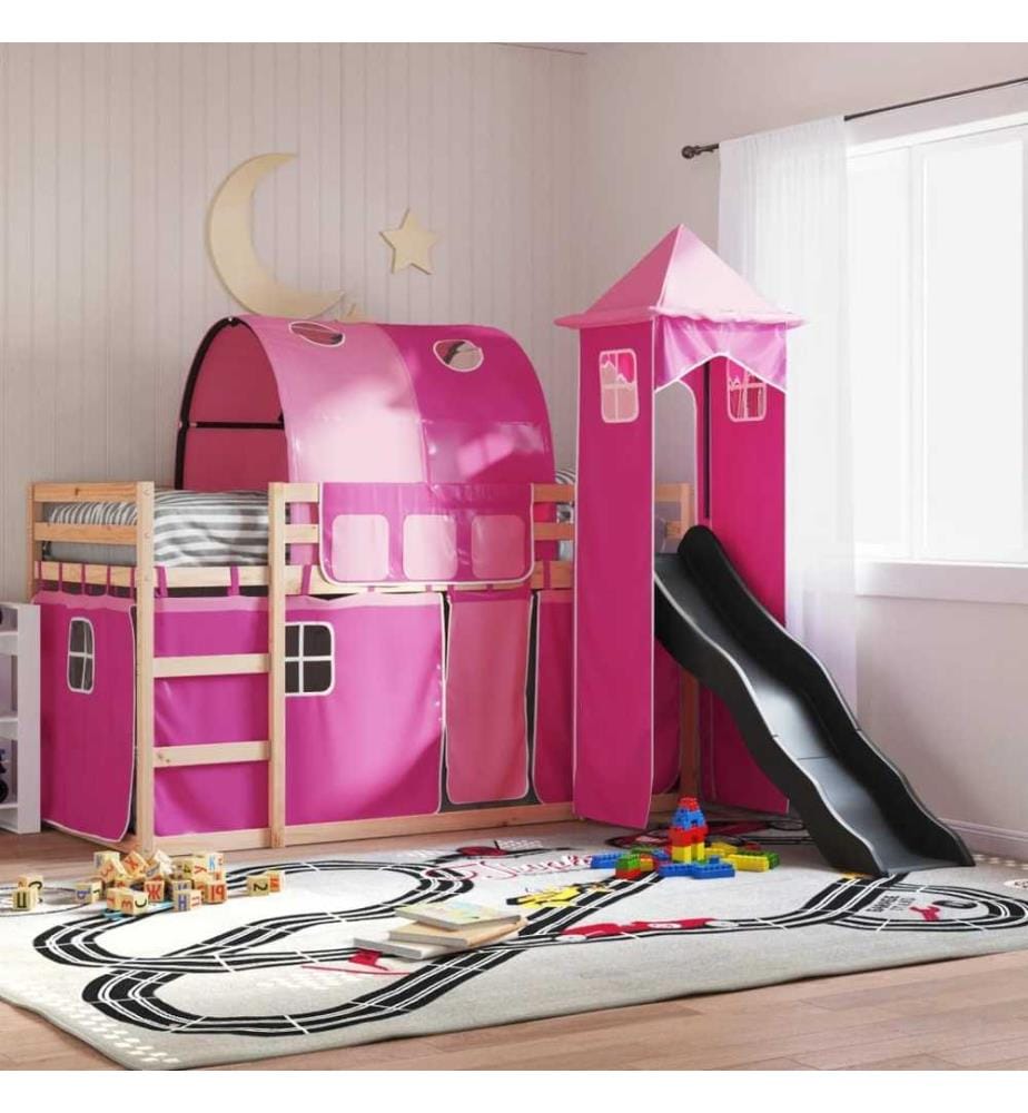 Lit superposé avec toboggan et rideaux rose 90x190 cm