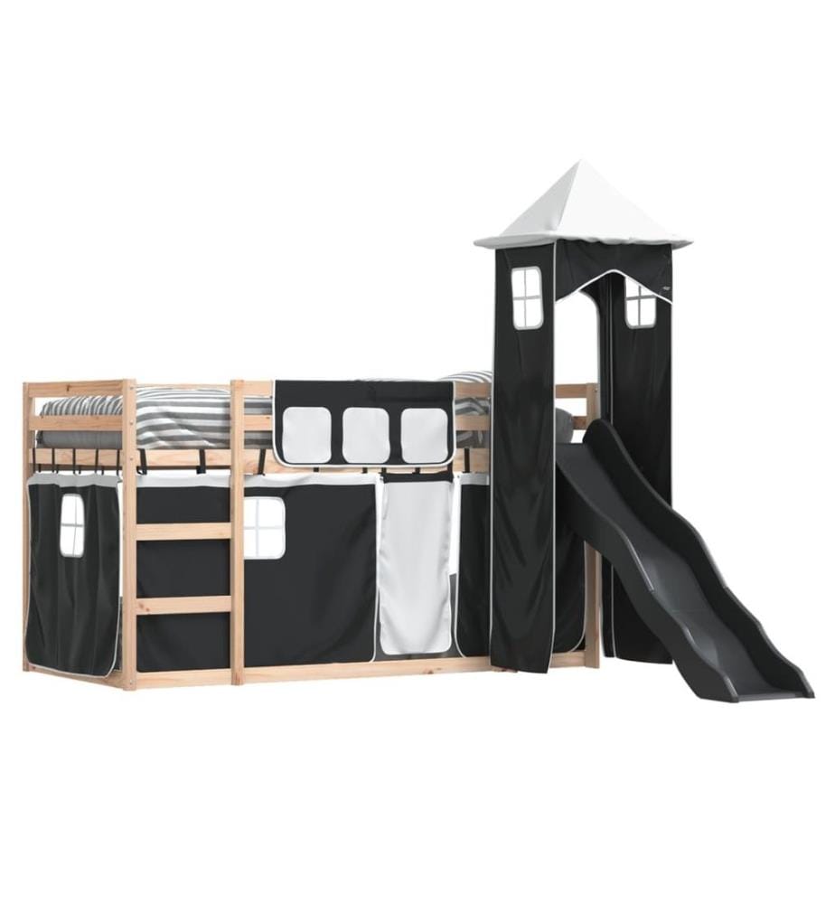 Lit superposé avec toboggan et rideaux blanc et noir 80x200 cm