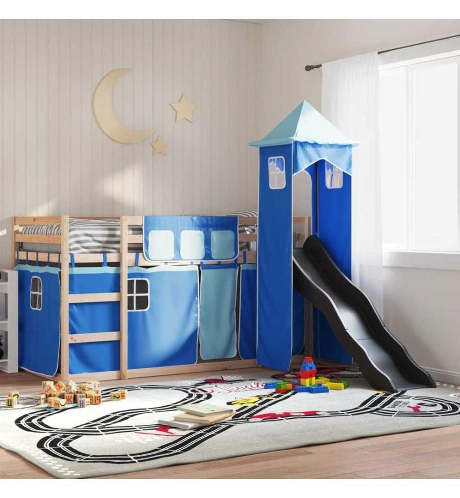Lit superposé avec toboggan et rideaux bleu 90x190 cm