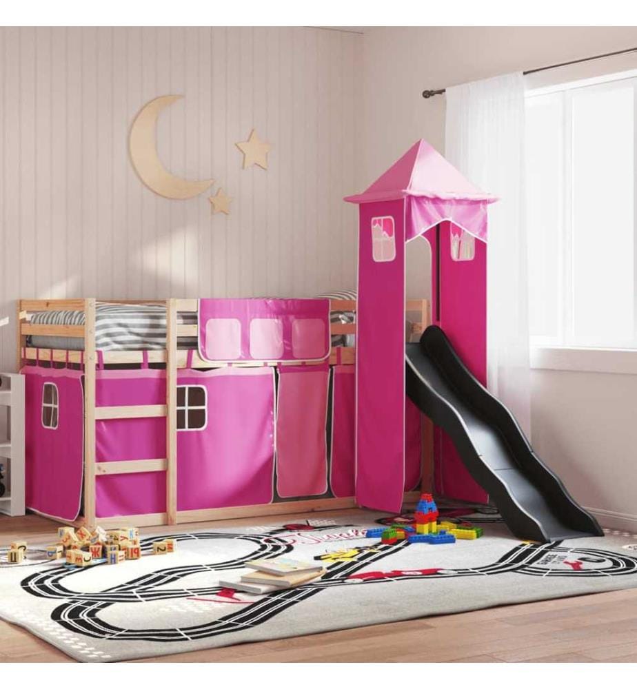 Lit superposé avec toboggan et rideaux rose 90x190 cm