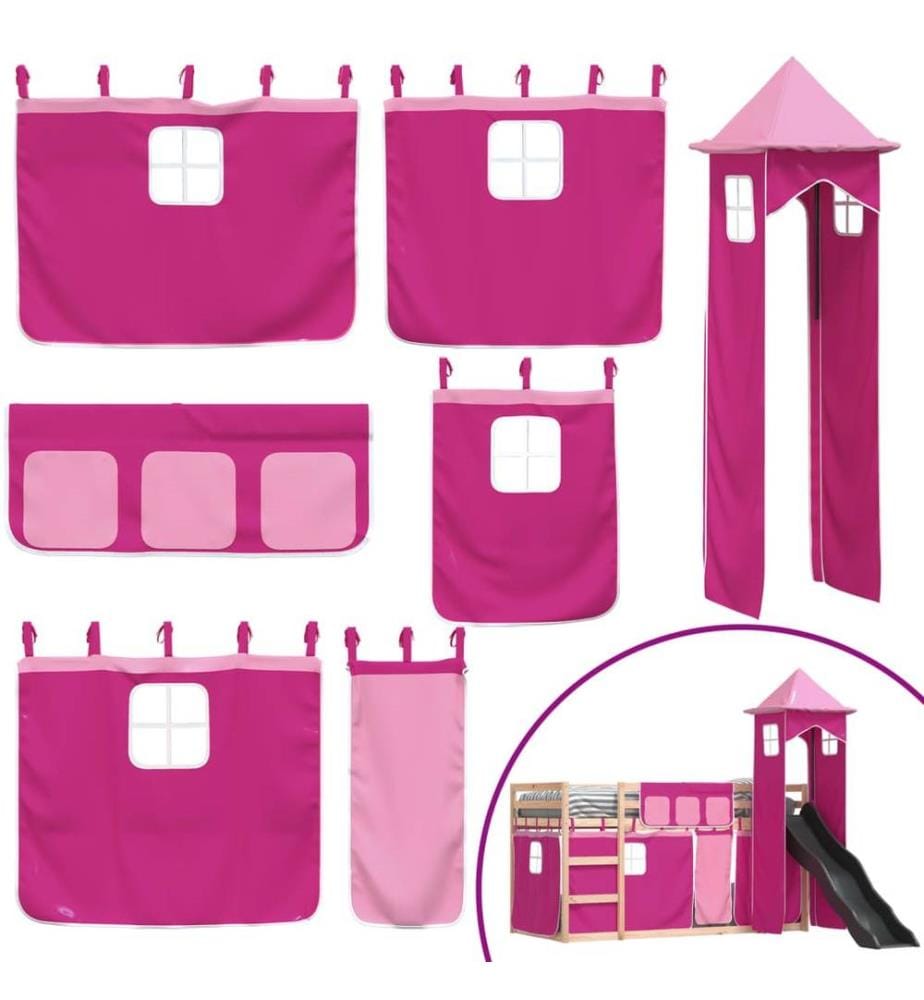 Lit superposé avec toboggan et rideaux rose 90x190 cm