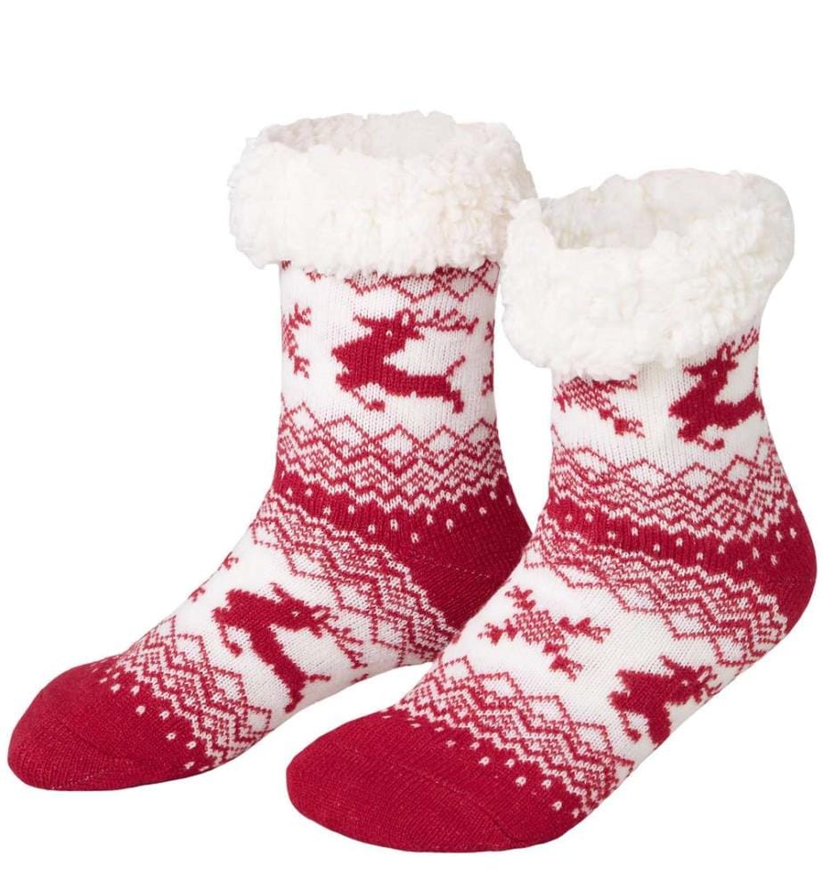 Chaussettes douillettes avec motif de renne rouge-blanc