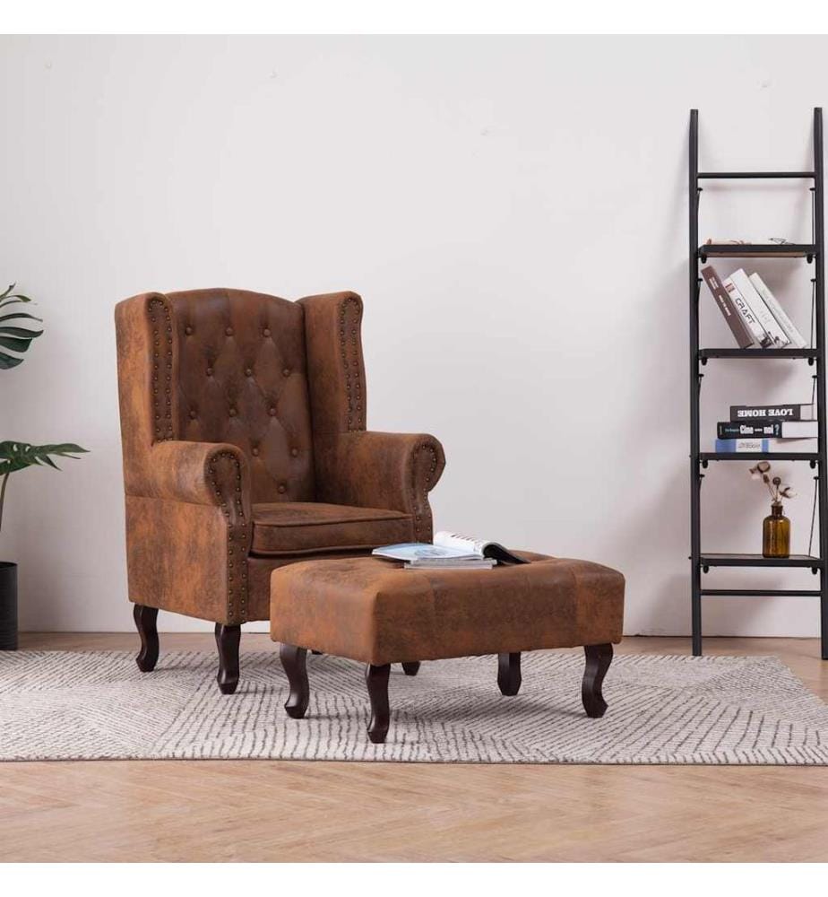 Chesterfield-Sessel und Fusshocker Braun Wildleder-Optik