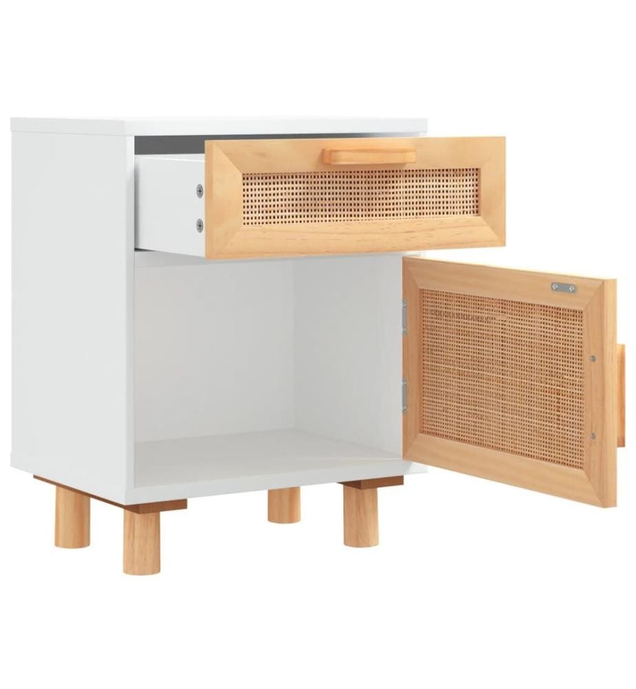 Table de chevet Blanc Bois de pin massif et rotin naturel