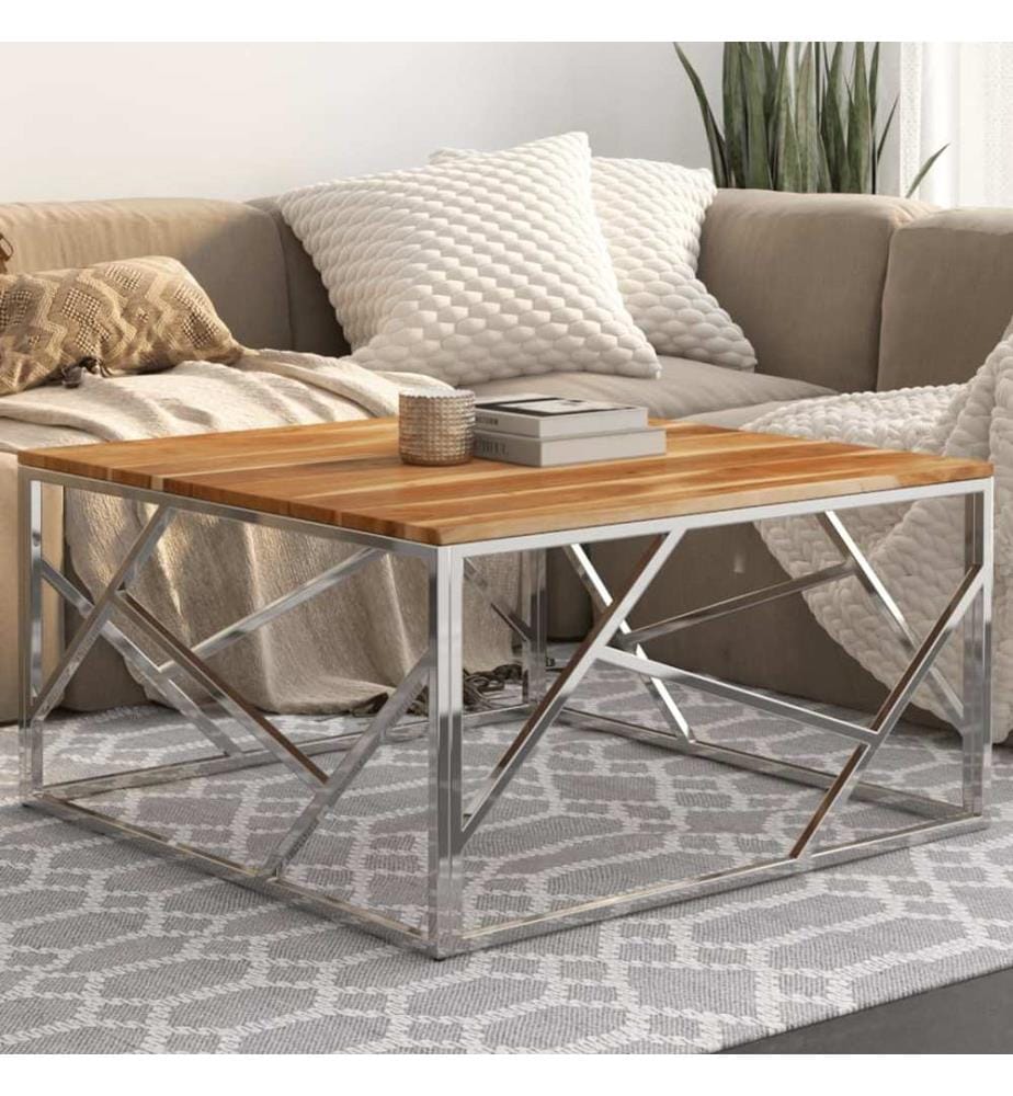 Table basse argenté acier inoxydable et bois massif d'acacia