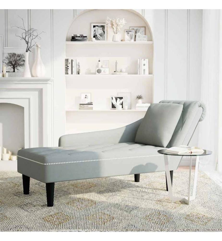 Fauteuil long et coussin et accoudoir droit gris clair velours