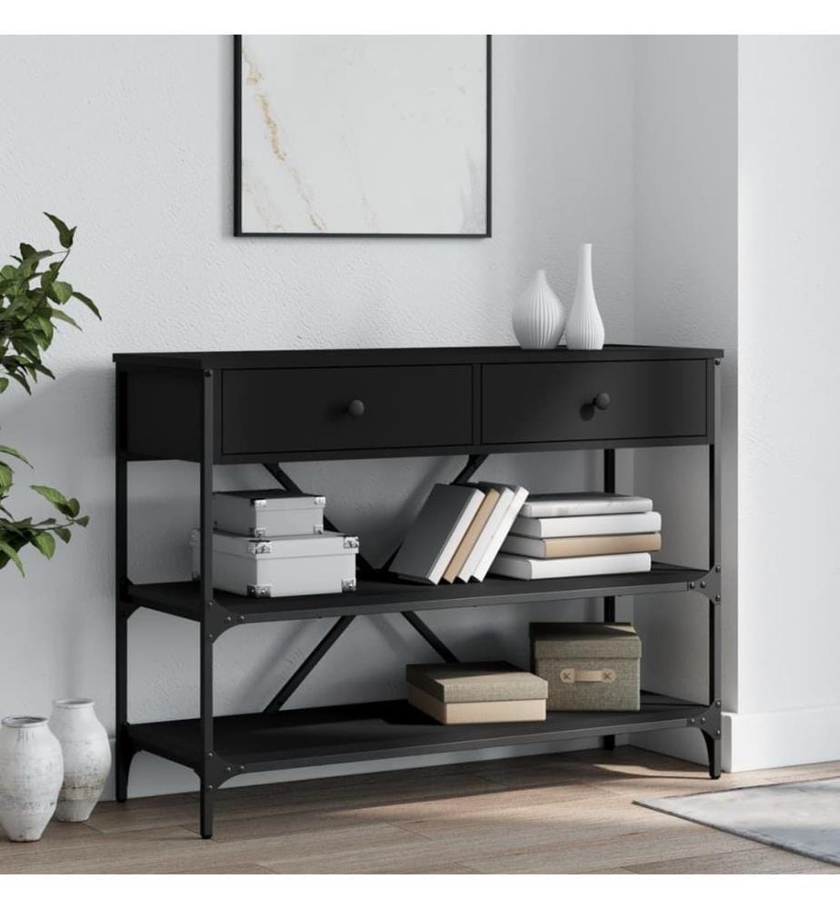 Table console avec tiroirs et étagères noir bois d'ingénierie