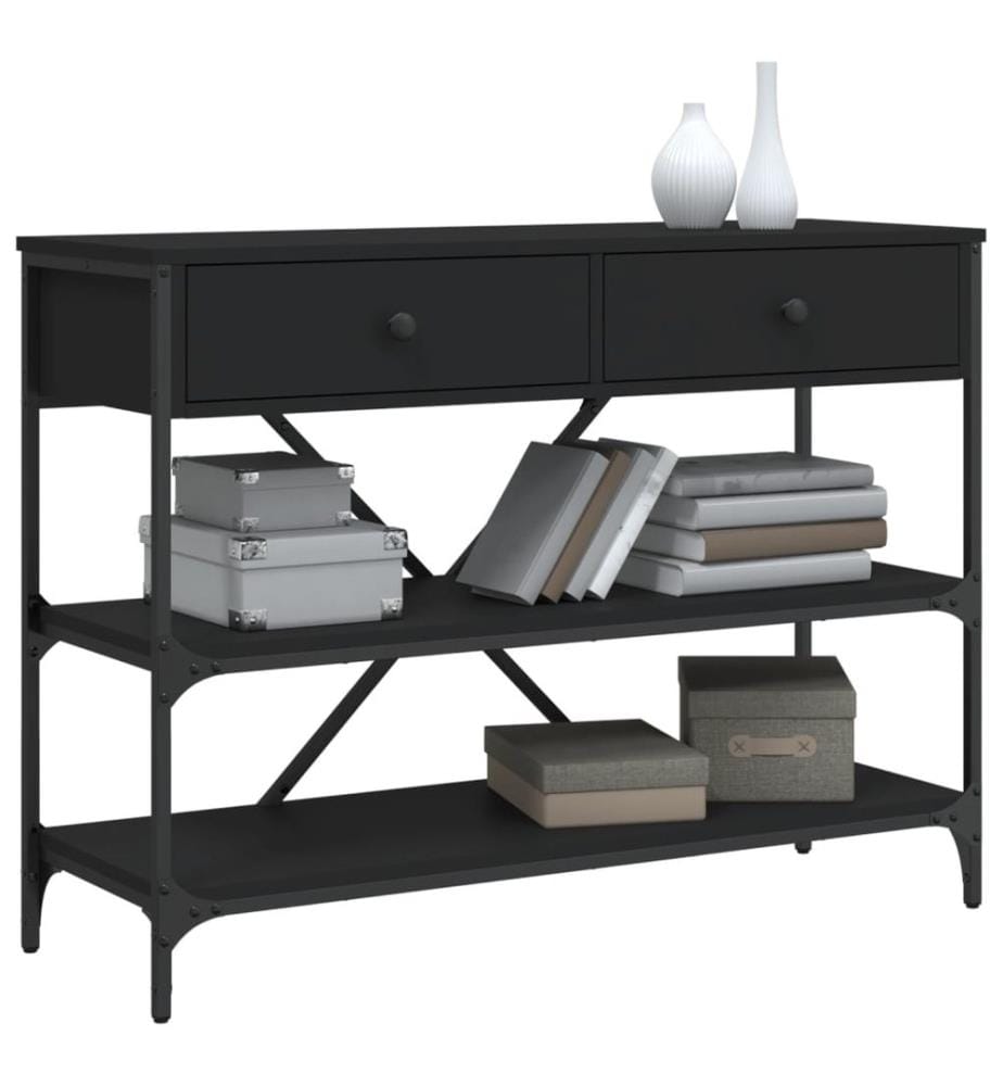Table console avec tiroirs et étagères noir bois d'ingénierie