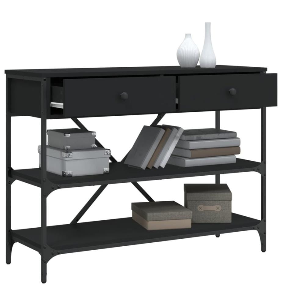 Table console avec tiroirs et étagères noir bois d'ingénierie