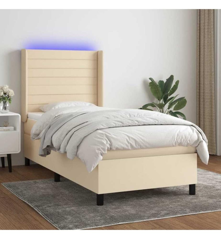 Sommier à lattes de lit matelas et LED Crème 90x200 cm Tissu