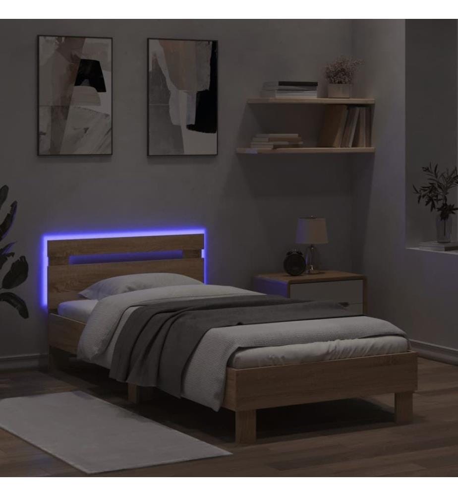 Cadre de lit tête de lit et lumières LED chêne sonoma 90x200 cm