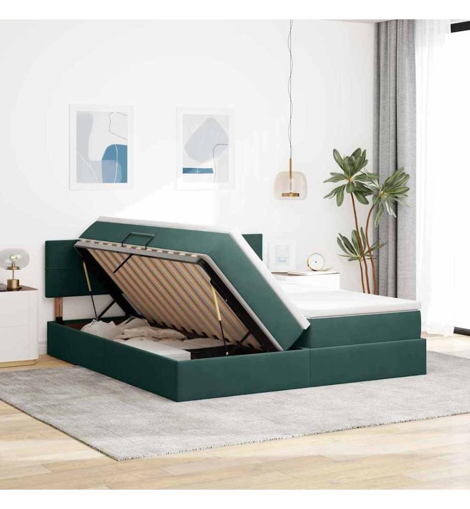 Bett mit LED-Lichtleisten Dunkelgrün 200 x 200 cm Samt