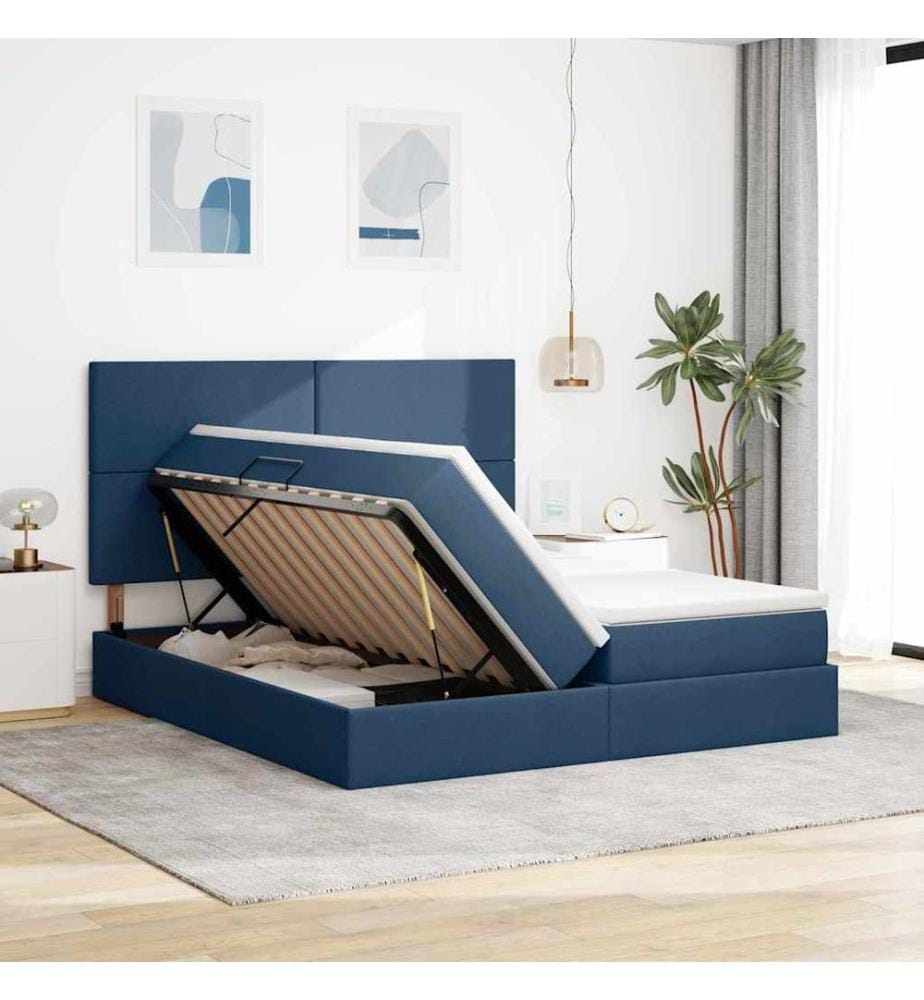 Bett mit LED-Lichtleisten mit Kopfteil Blau 180 x 200 cm Stoff