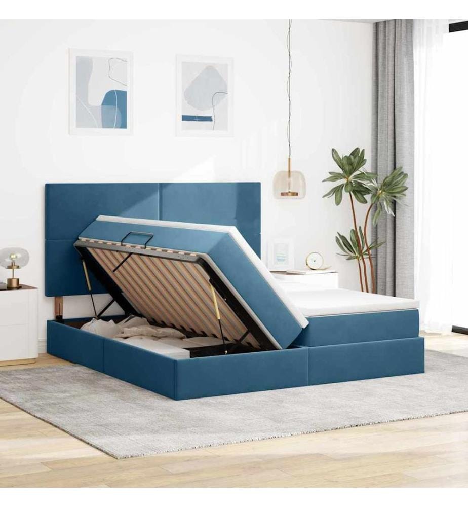 Bett mit LED-Lichtleisten Dunkelblau 200 x 200 cm Samt