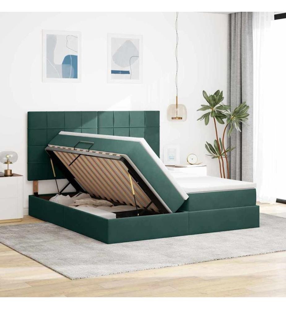 Bett mit LED-Lichtleisten Dunkelgrün 200 x 200 cm Samt