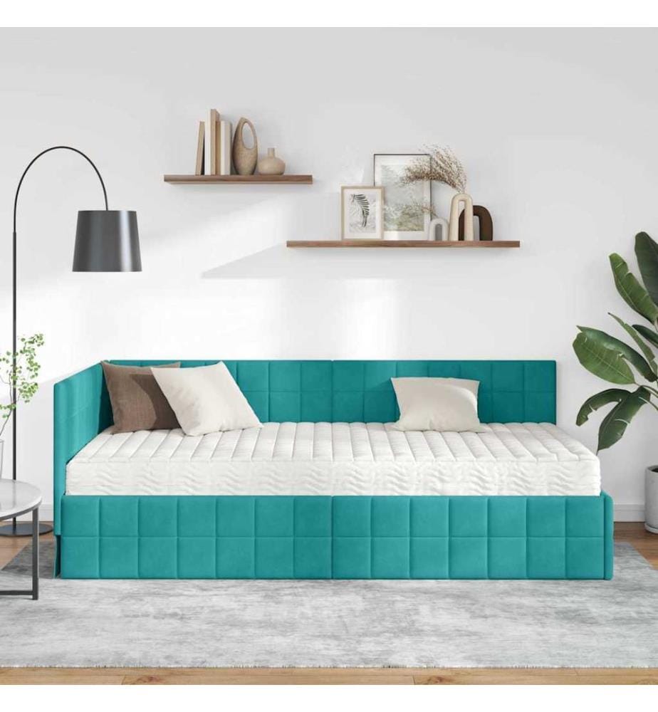 Cadre de lit d'angle avec matelas 2 pcs Turquoise Velours