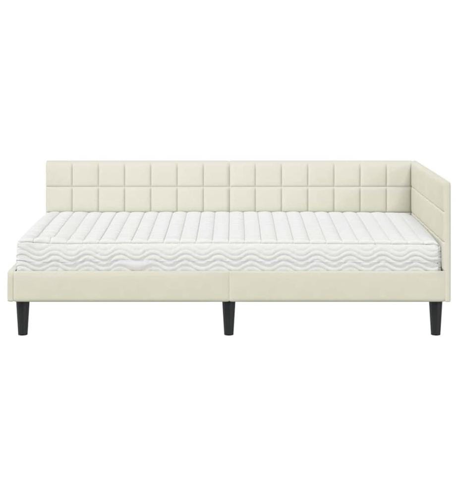 Eckbettgestell mit Matratze mit Kopfteil Creme 90 x 190 cm Samt