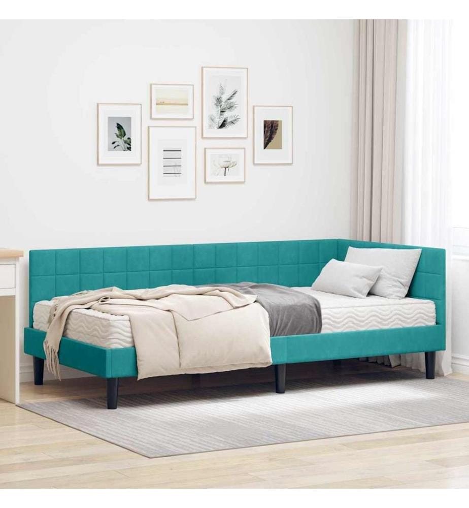 Cadre de lit d'angle avec matelas Turquoise 90 x 190 cm Velours