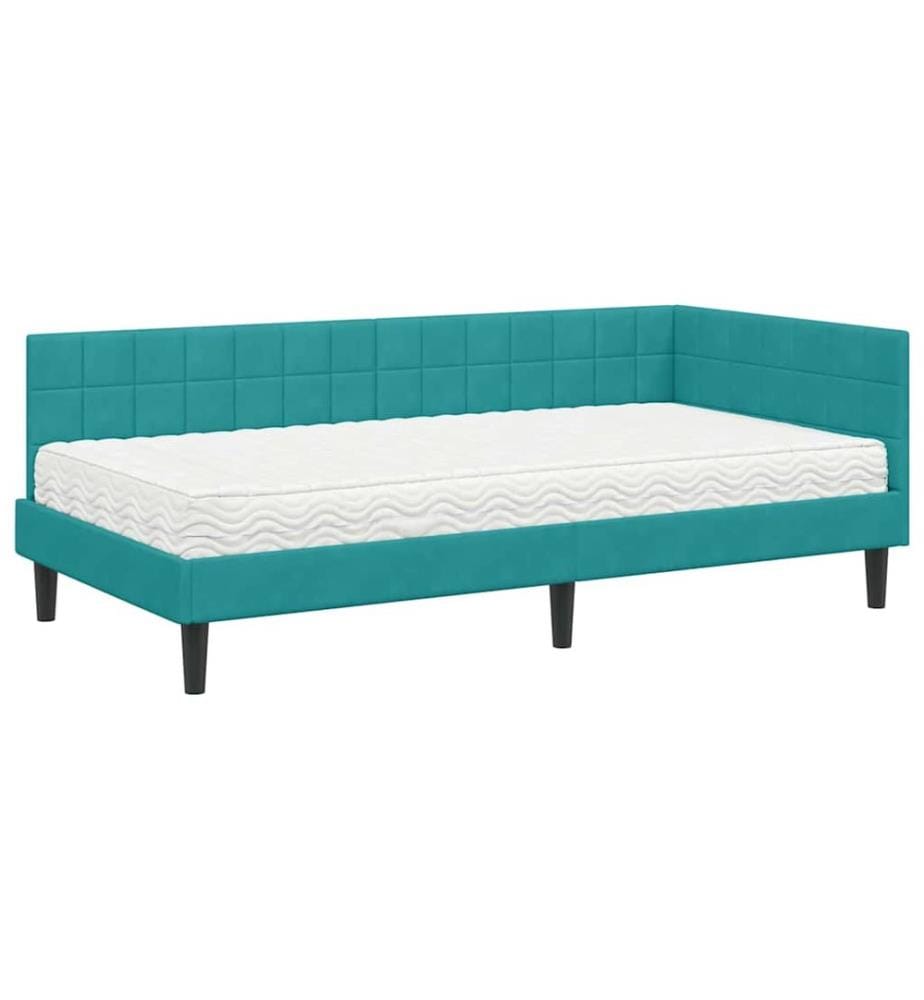 Cadre de lit d'angle avec matelas Turquoise 90 x 190 cm Velours