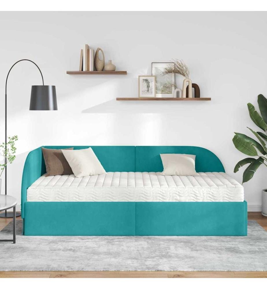 Cadre de lit d'angle avec matelas 2 pcs Turquoise Velours