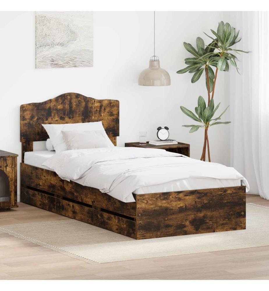 Cadre de lit avec tiroir Chêne fumé 90 x 200 cm Bois Ingénierie