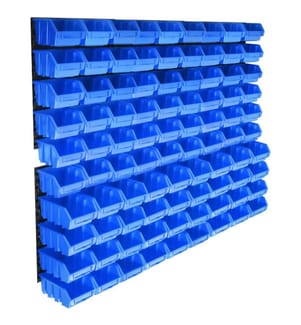 96-tlg. Sichtlagerkasten-Set mit Wandhalterung Blau