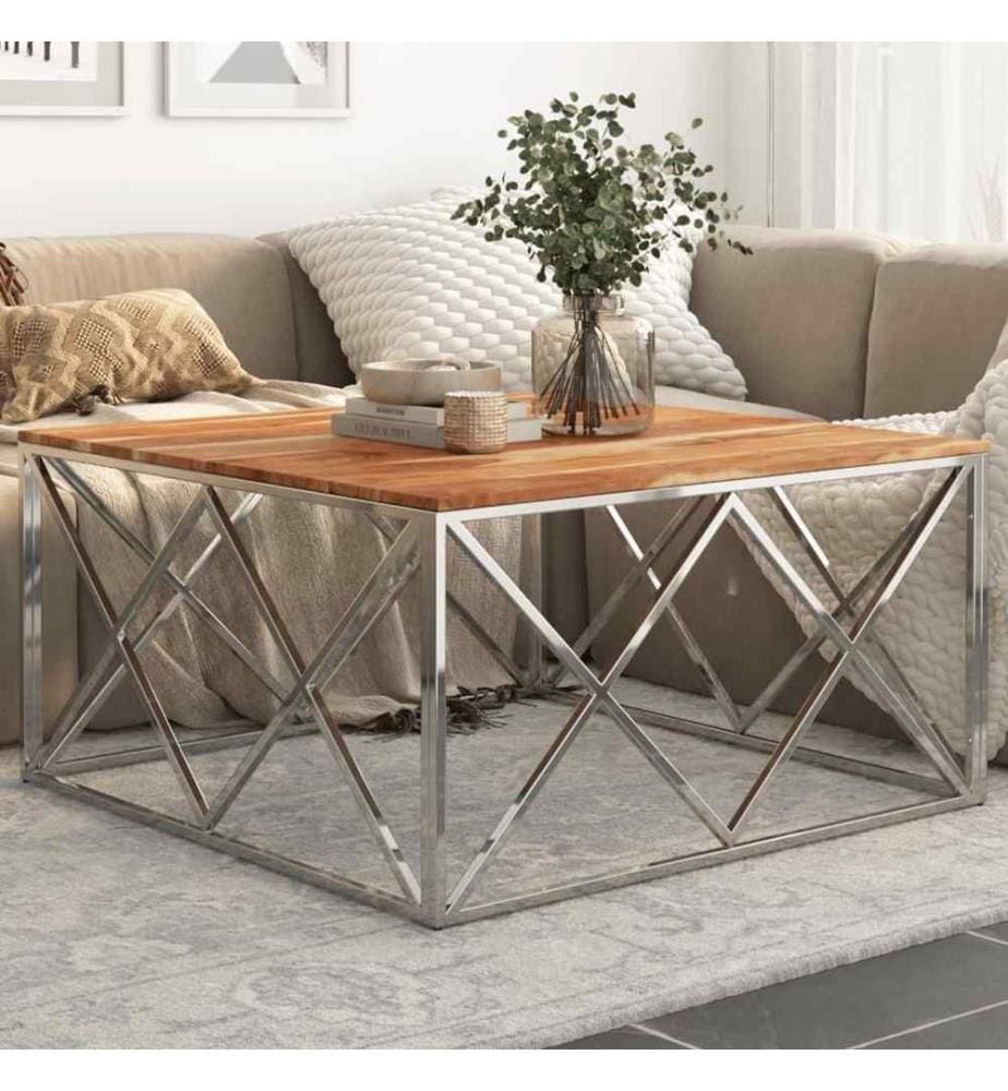 Table basse argenté acier inoxydable et bois massif d'acacia