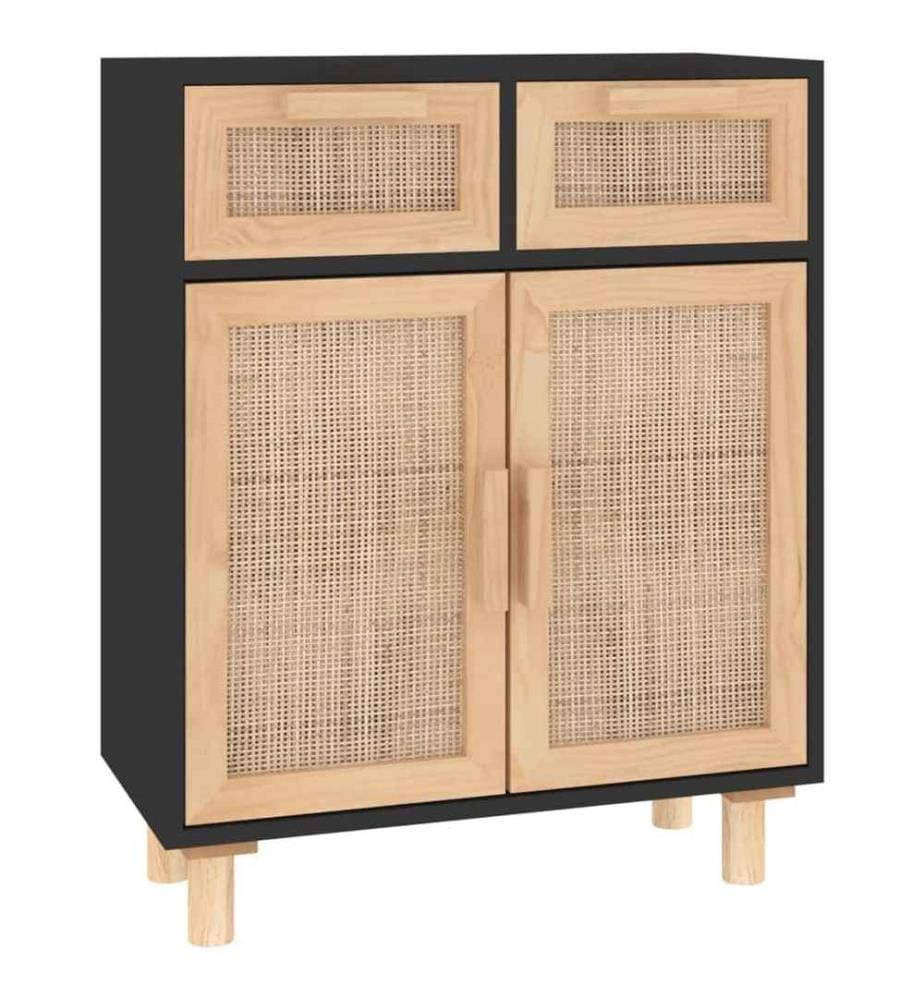 Buffet Noir 60x30x75 cm Bois de pin massif et rotin naturel