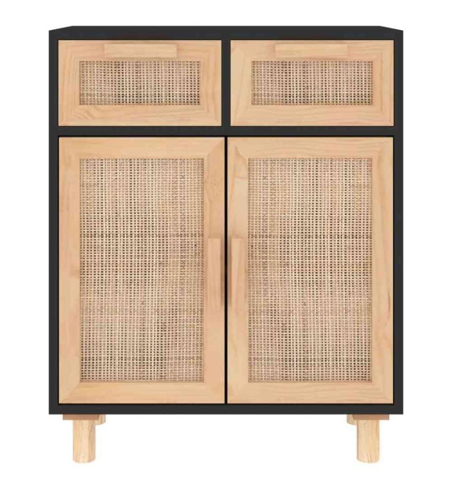 Buffet Noir 60x30x75 cm Bois de pin massif et rotin naturel