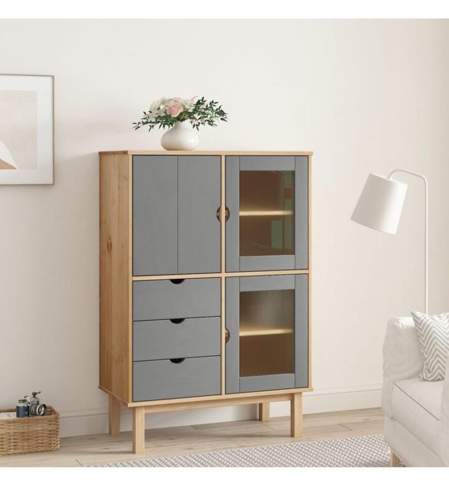 Buffet haut OTTA Marron et gris 85x43x125 cm Bois massif pin