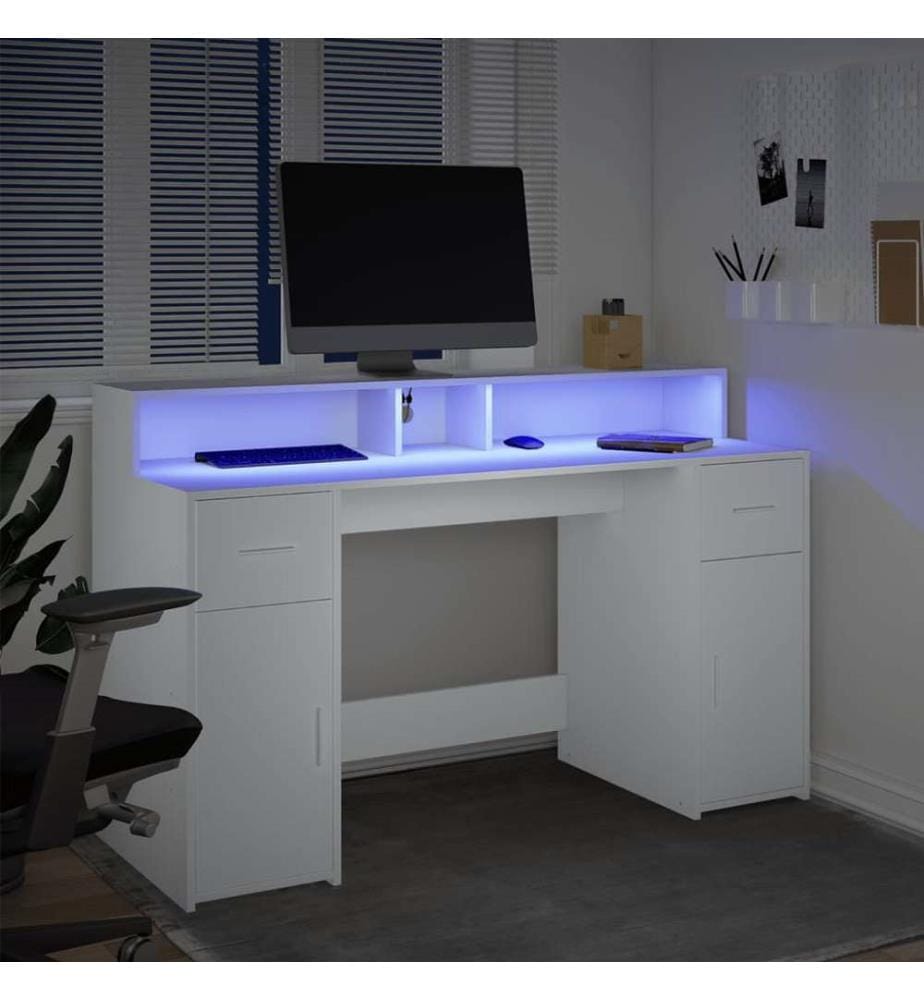 Bureau avec lumières LED blanc 140x55x91 cm bois d'ingénierie