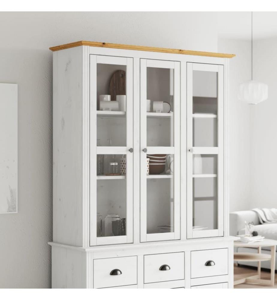 Vitrinenschrank mit Glastüren BODO Weiss und Braun Kiefernholz