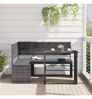 Gartensofa in L-Form mit Tisch und Kissen Grau Poly Rattan