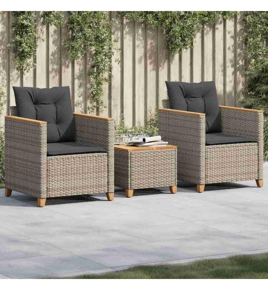 3-tlg. Bistro-Set mit Kissen Grau Poly Rattan Akazienholz