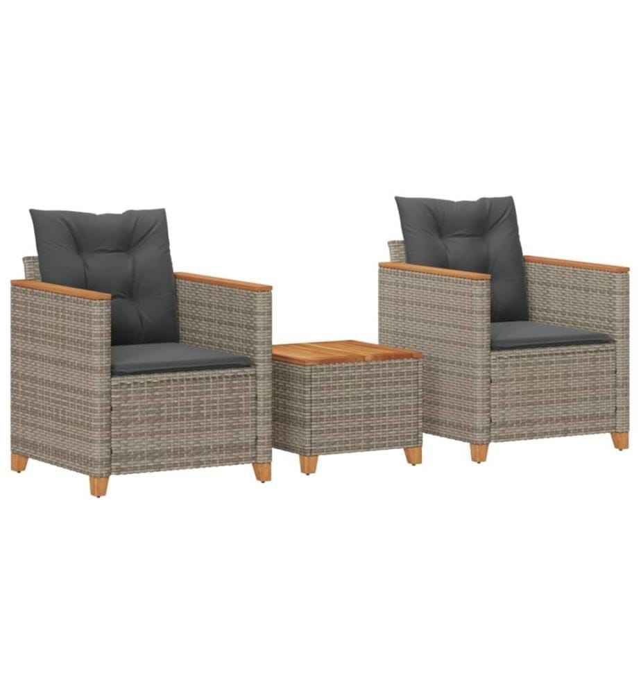 3-tlg. Bistro-Set mit Kissen Grau Poly Rattan Akazienholz
