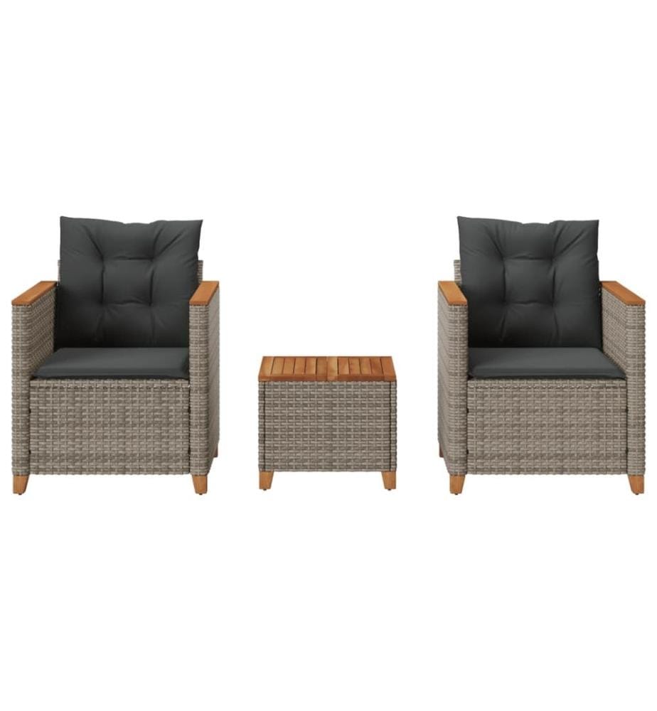 3-tlg. Bistro-Set mit Kissen Grau Poly Rattan Akazienholz