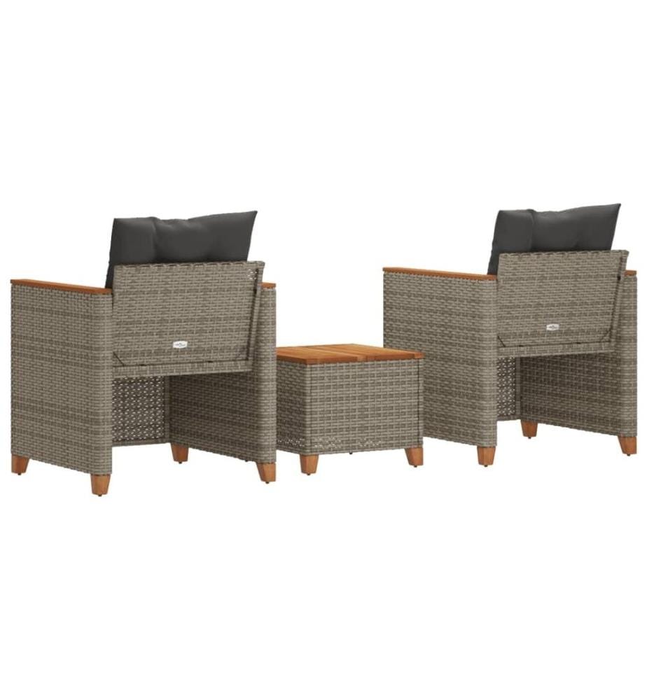 3-tlg. Bistro-Set mit Kissen Grau Poly Rattan Akazienholz