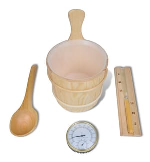 5-tlg. Saunazubehör mit Eimer Löffel Sanduhr Thermo-Hygrometer