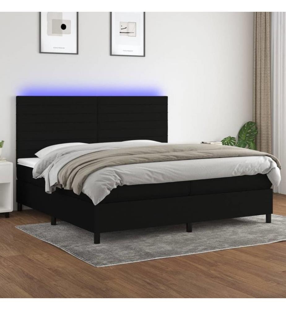 Sommier à lattes de lit et matelas et LED Noir 200x200 cm Tissu