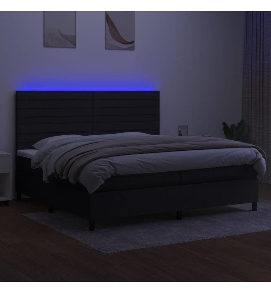 Sommier à lattes de lit et matelas et LED Noir 200x200 cm Tissu