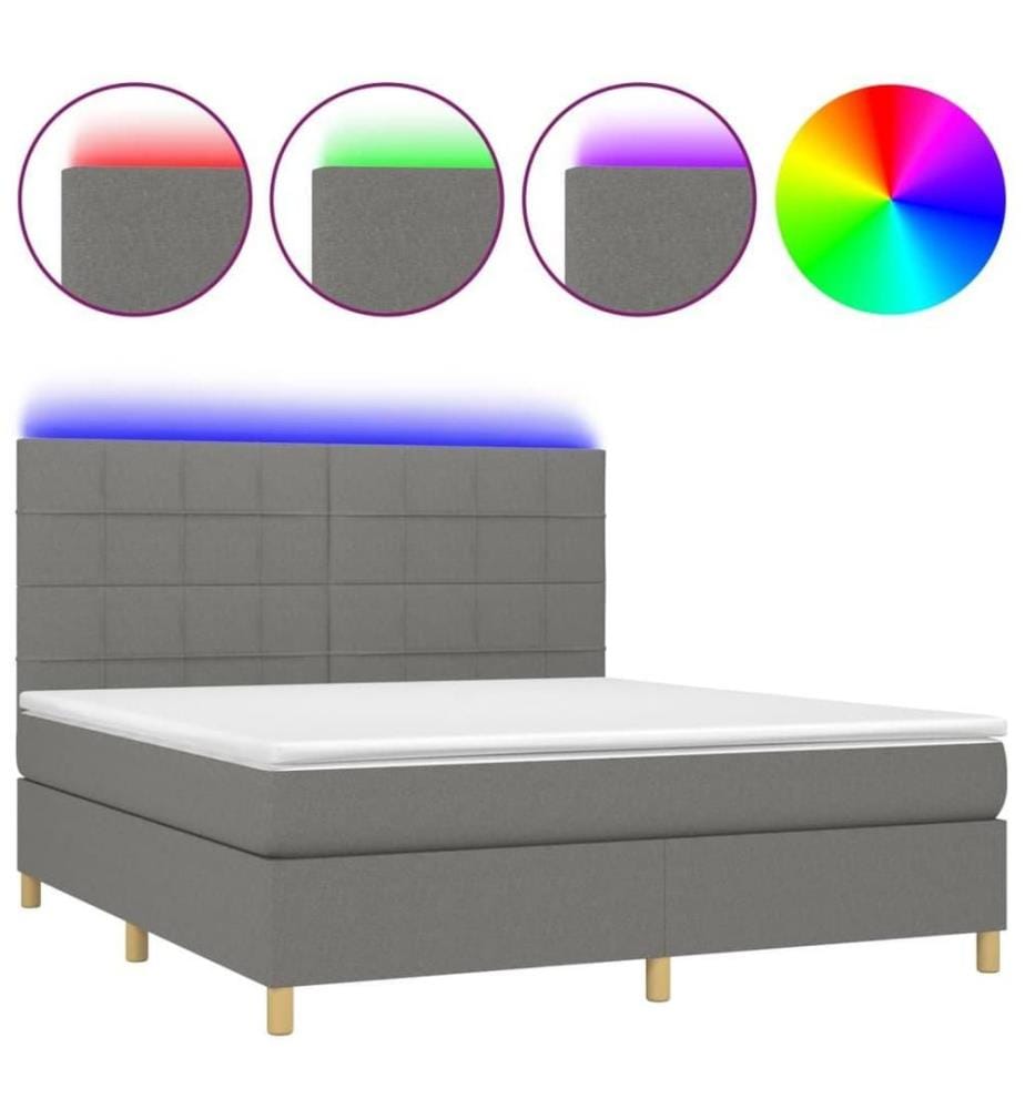 Sommier tapissier et matelas et LED Gris foncé 180x200 cm Tissu